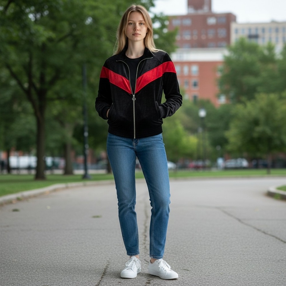 Forever 21 Velvet Track Jacket Black Red Chevron‎ Zip Up Mock Neck Medium NEW